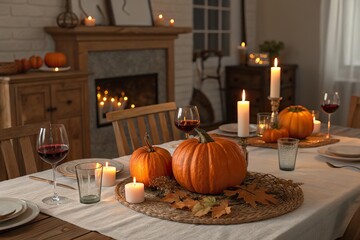 Cozy autumn dinner setting with pumpkins, candles, and wine, creating a warm atmosphere