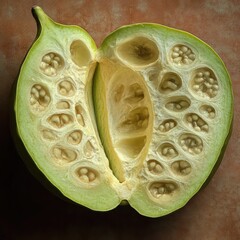 Close up of a halved green fruit with many seed pockets and a central core on a brown background