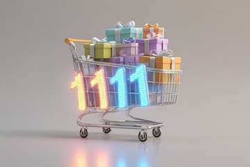 Shopping cart filled with gift boxes and 11.11 numbers in neon light