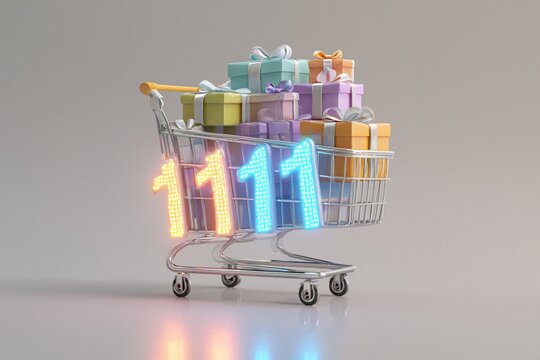Shopping cart filled with gift boxes and 11.11 numbers in neon light