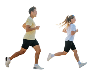 Couple running together in athletic exercise for fitness and health benefits, isolated transparent background