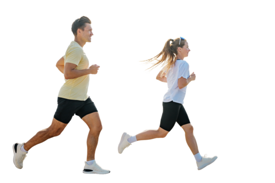Couple running together in athletic exercise for fitness and health benefits, isolated transparent background