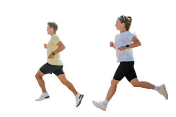 Dynamic running couple enjoys promoting fitness and healthy lifestyle, isolated transparent background