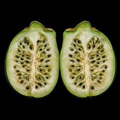 Close up of two halves of a cut green fruit with black seeds on a black background in high resolution