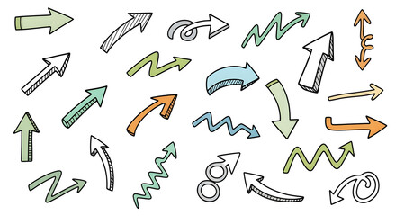 Collection of HandDrawn Arrows in Various Styles and Colors with Black Outlines.