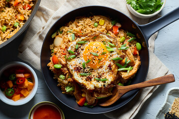 Chicken fried rice with crispy egg, topped with spring onions, seasoning sauce, coriander.