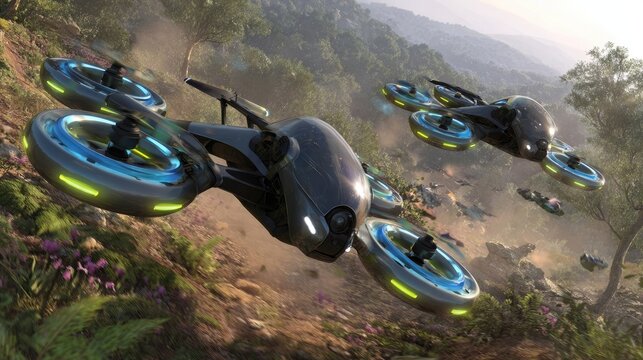 Futuristic Flying Vehicles Over Hilly Landscape