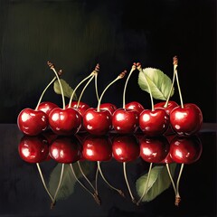 A row of ripe red cherries with stems and leaves reflected on a glossy black surface against dark background