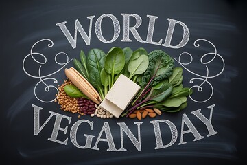 Celebrate World Vegan Day with a vibrant bounty of fresh greens, tofu, corn, beans, and nuts artfully arranged