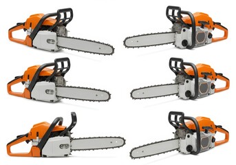 Fototapeta premium Arrangement of chainsaws: power tools for lumbering and home improvement projects