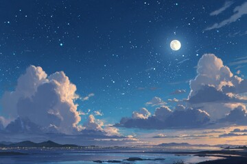 Fototapeta premium A serene seascape under a starry night sky, featuring fluffy clouds and a luminous moon, evoking a peaceful and dreamy atmosphere.