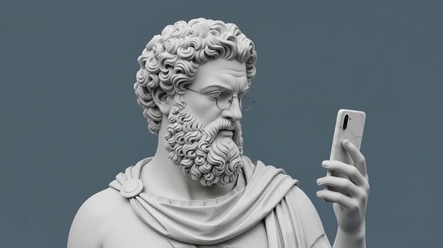 Classical statue of a bearded male figure holding a smartphone, set against a vibrant pink background, merging ancient art with modern technology in a striking visual contrast