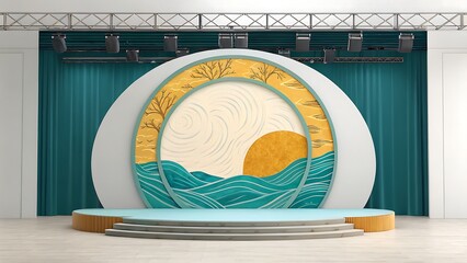 Stage backdrop with abstract sun and waves design image