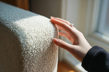 Gentle touch of a woman's hand on cozy fleece in sunlit room
