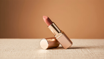A close-up of a nude lipstick tube resting on a textured surface. The lipstick is partially exposed, showcasing its creamy texture and soft color against a warm background