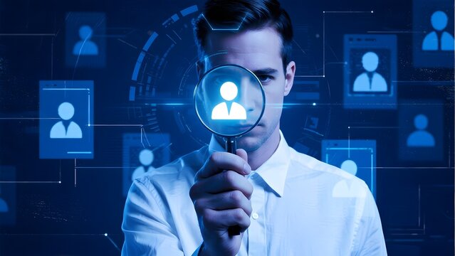 Man using a magnifying glass to examine digital user profiles on a network interface