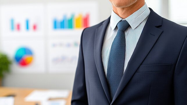 Close-up of a businessman in a navy suit and striped shirt with a patterned tie, blurred charts in the background.