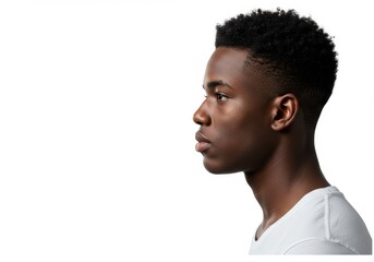 Side profile of a handsome young African American man against white background