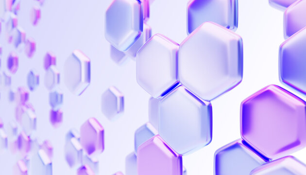 Abstract hexagon pattern perspective. Render 3d background with glass holographic honeycomb design. Futuristic digital technology bg with random hexagonal shapes, purple blue gradient. 3D illustration