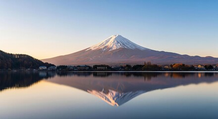 Minimalist Photoreal Alignment of Mt Fuji and Reflection with Soft Glow and Muted Hues