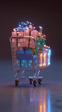 Shopping cart filled with gift boxes and 11.11 numbers in neon light