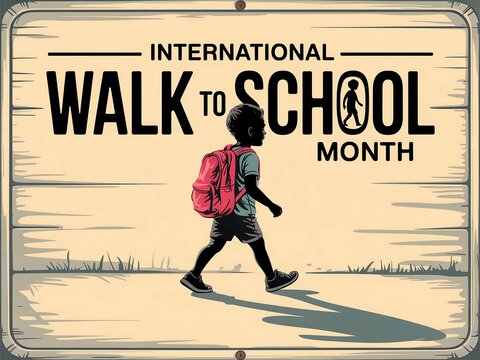 International walk to school month sign with child walking to school - Powered by Adobe
