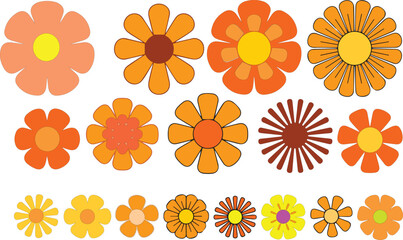 set of colorful retro flower icons in orange yellow and red tones vector illustration on transparent background png
