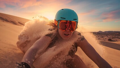 Dynamic Sandboarding Adventure: Woman Shredding Dunes at Sunset with Protective Gear