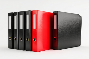 Sophisticated arrangement of office folders featuring a distinctive red folder among black ones on a white background