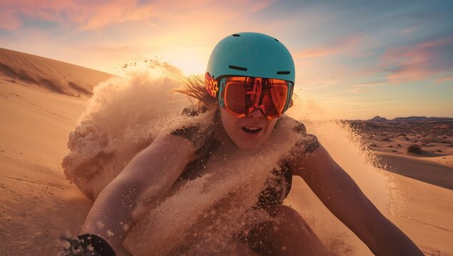 Dynamic Sandboarding Adventure: Woman Shredding Dunes at Sunset with Protective Gear