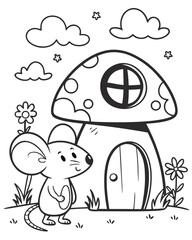 Cute cartoon mouse next to a mushroom house, a printable coloring page for kids. Fun and easy black and white animal fantasy activity sheet