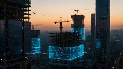 Urban skyline at dusk with illuminated construction site and network connections