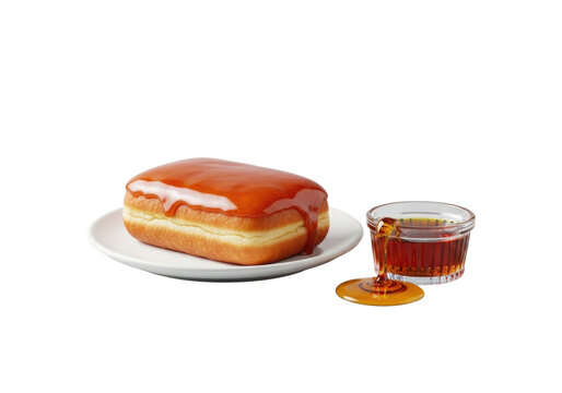 Golden-brown maple bar donut with thick, glossy maple glaze on a white ceramic plate, beside a clear glass ramekin of rich amber maple syrup, in a high-key studio with soft, diffused lighting and no
