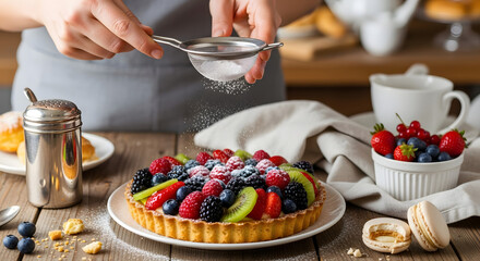 A person in an apron dusts a beautiful fresh fruit tart with powdered sugar using a sifter.