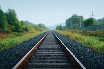 Endless railway tracks stretch into horizon, surrounded by lush