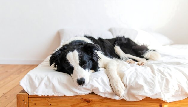 Black and white dog sleeping on a bed