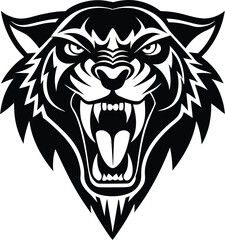 Obraz premium Vector art of ferocious wolf head with snarling mouth and sharp teeth, presented in a dynamic black and white tribal design, symbolizing wildness and untamed spirit