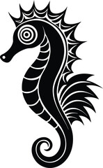 Obraz premium Vector art of elegant black silhouette of a seahorse, isolated on a, featuring a detailed, stylized body with a curled tail and a crown of spiky fins, ideal for underwater or oceanic art