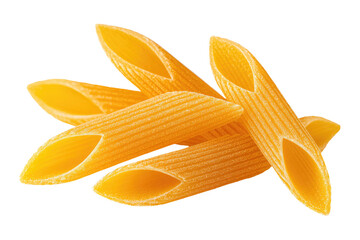 Close-up of uncooked penne pasta.  Several tubes of golden pasta overlap, showing a ridged surface and hollow center