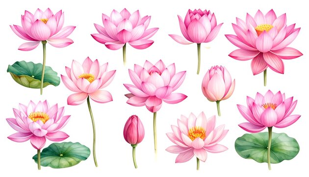 Pink lotus flowers in various stages of bloom