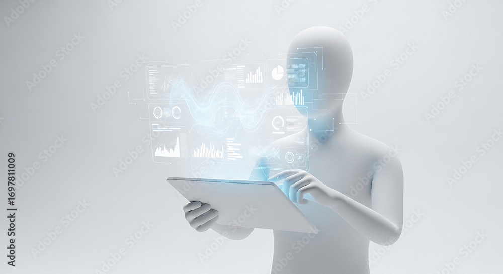 Poster futuristic figure interacting with glowing holographic digital interface tablet displaying data and 