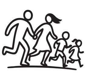 The family leaves their house destroyed. Consequences of the war. Migrant family run with children