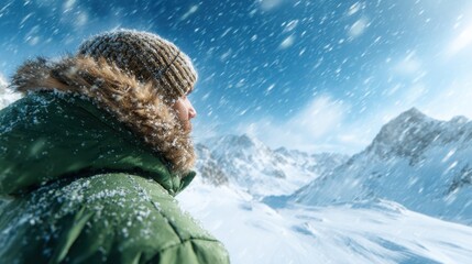 A solitary figure in a warm green jacket stands amidst a snowy mountain landscape, embracing the cold wind and breathtaking view, embodying adventure and resilience.