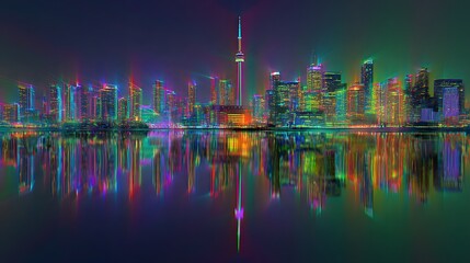 futuristic neon city skyline surreal reflections