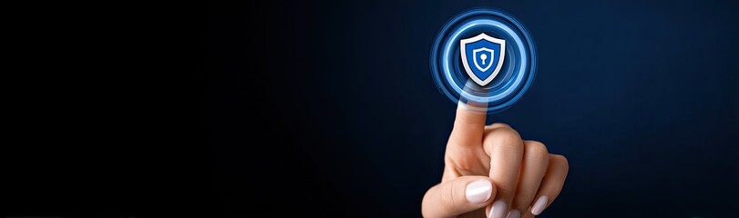 Hand touching a glowing blue shield icon on a dark background