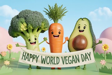 Joyful broccoli, carrot, and avocado characters celebrate World Vegan Day with a banner, promoting healthy plant-based eating