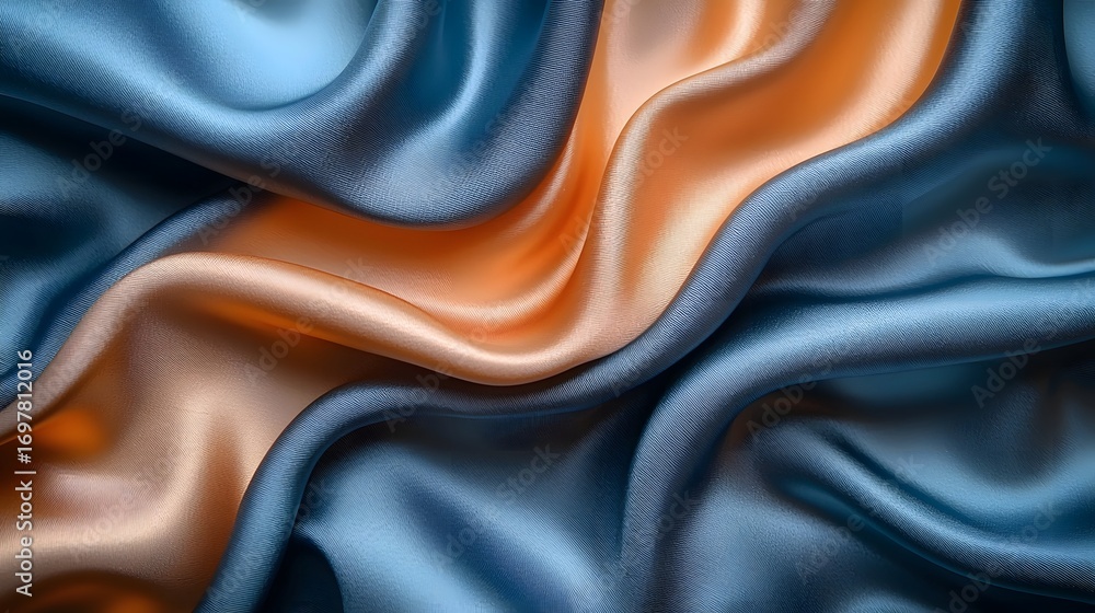 Poster flowing silk fabric in abstract waves of blue and peach creating soft elegant textures