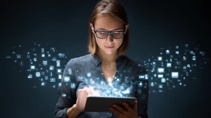 Woman interacts with tablet amid glowing digital interface icons - Powered by Adobe