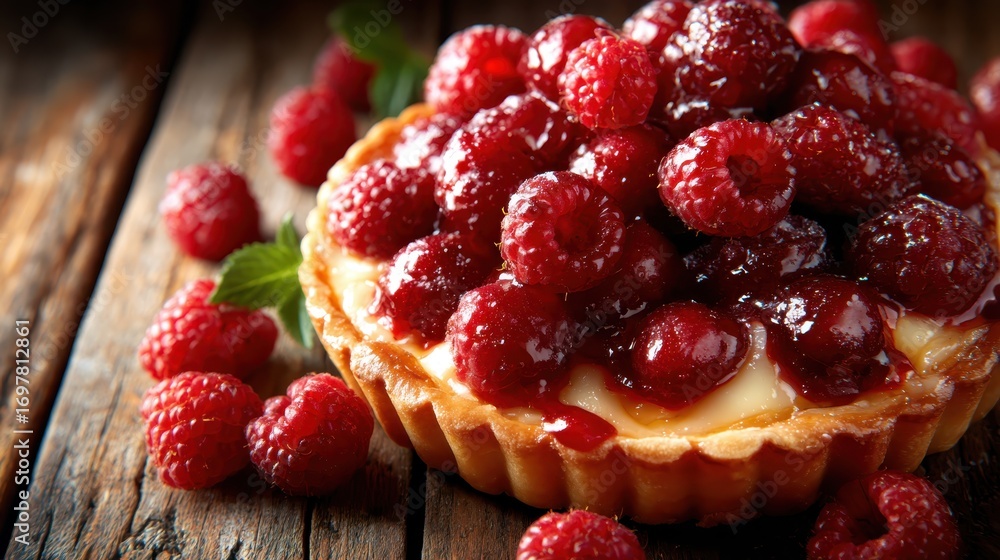 Poster an appetizing raspberry tart adorned with fresh raspberries and a glossy glaze sits invitingly on a 