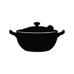 Black and white kitchen tool pan silhouette on white background, pan with vegetables silhouette vector illustration
